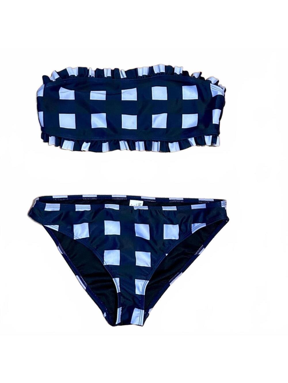 Boohoo Bandeau Ruffle Bikini in Navy, Black and Light Blue Squares | Size 8